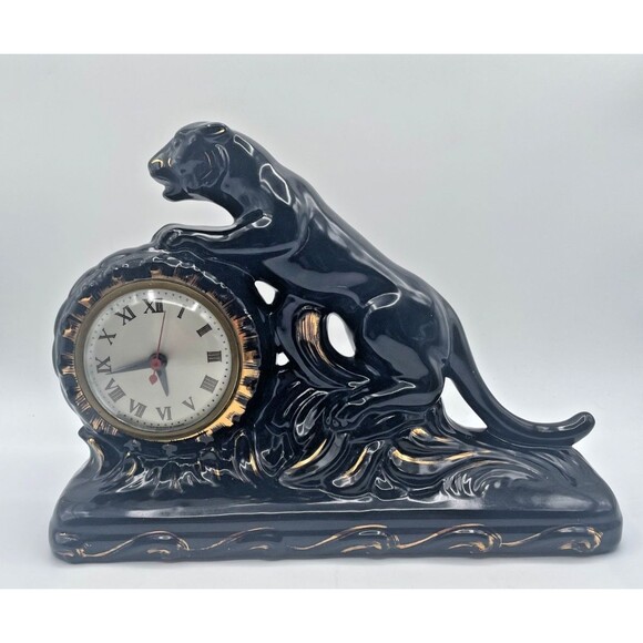 Clock Other - Vintage Art Deco Mantle Clock Black Panther Jaguar (?) 12" x 9" Retro MCM